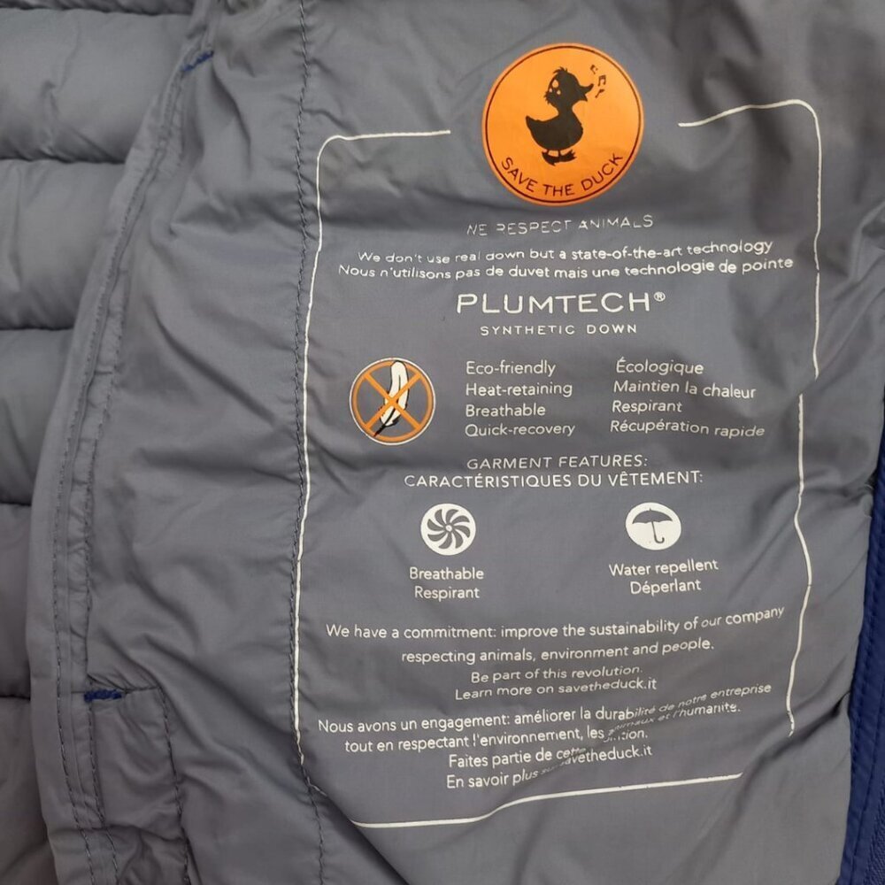 Save The Duck Kids Dony Blue Puffer Jacket Size 12 Animal Free Hooded Coat - Picture 9 of 12